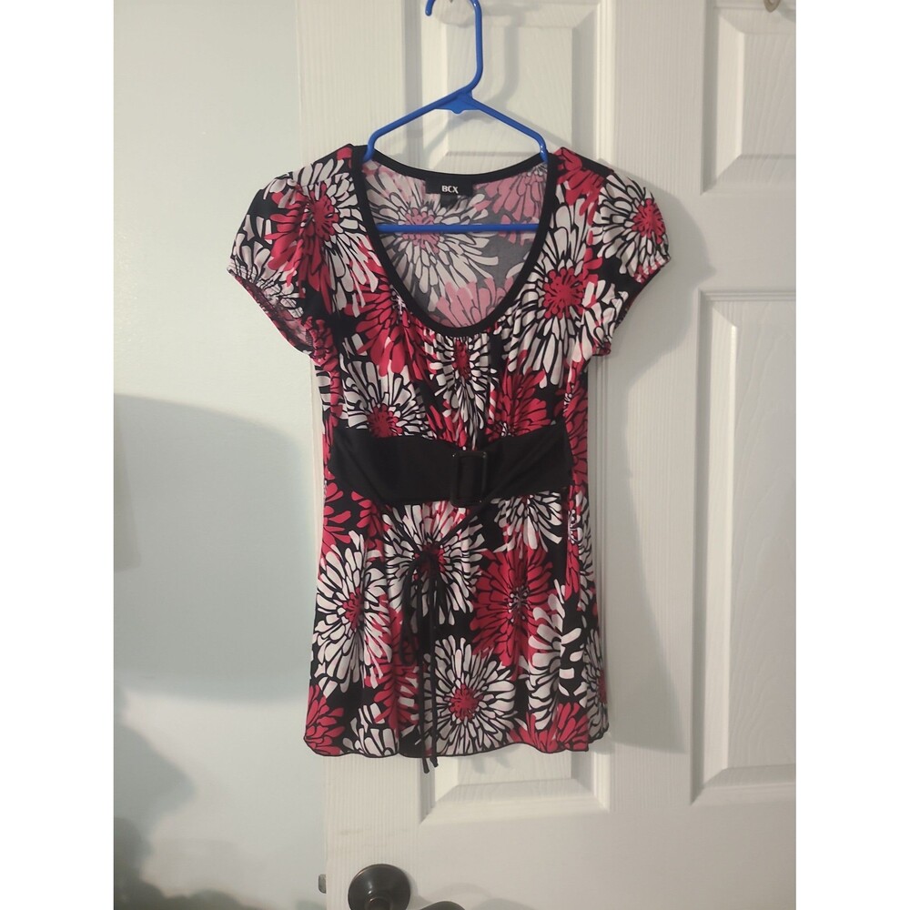 BCX Women’s Floral Top Black Pink White Cap Sleeve Faux Belt Cinched Waist